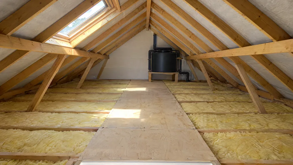 A bright, clean attic before conversion with exposed cut-roof rafters, a purlin and struts in an Irish semi-detached house.