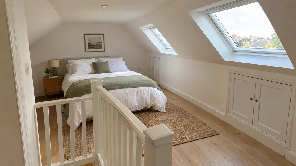 A finished attic room after conversion in a Dublin semi-detached house, with sloped insulated ceilings, rooflights and eaves storage.