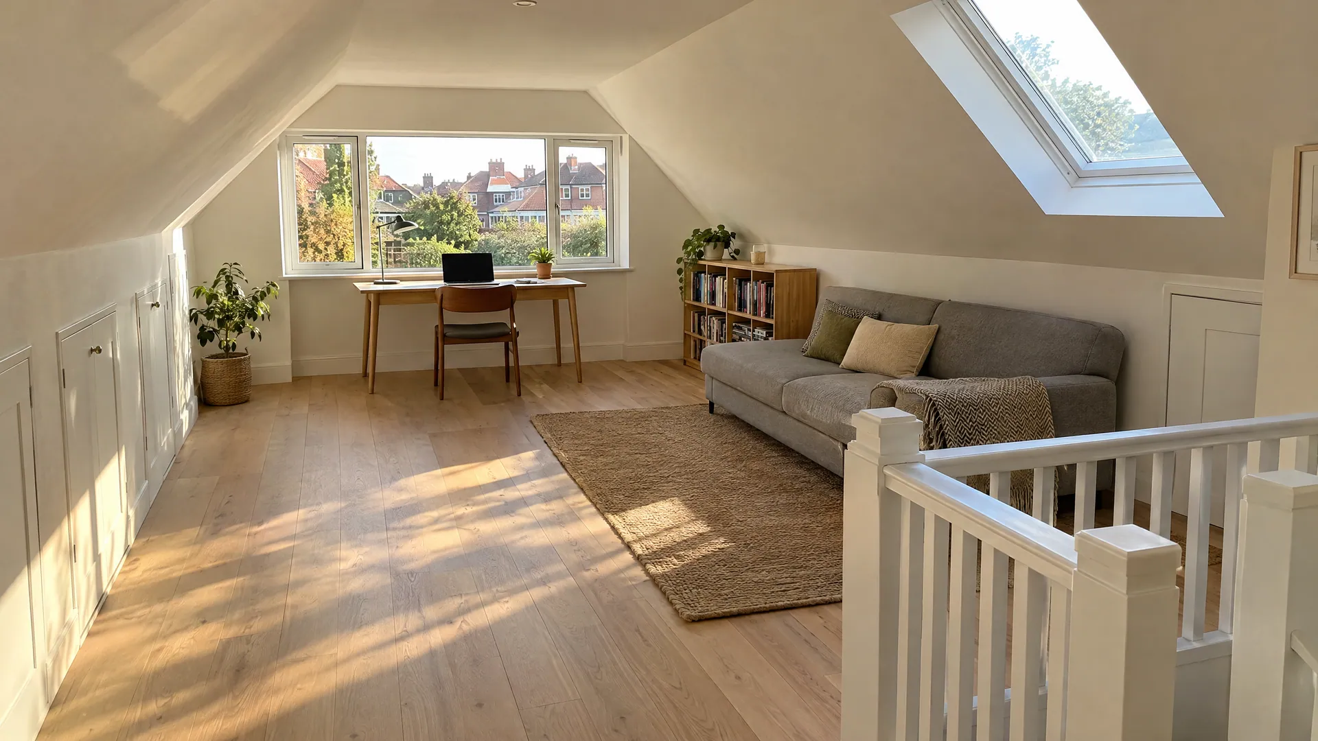 A finished attic conversion in an Irish semi-detached house, showing what a suitable attic can become, with a rear dormer, rooflight and home office.