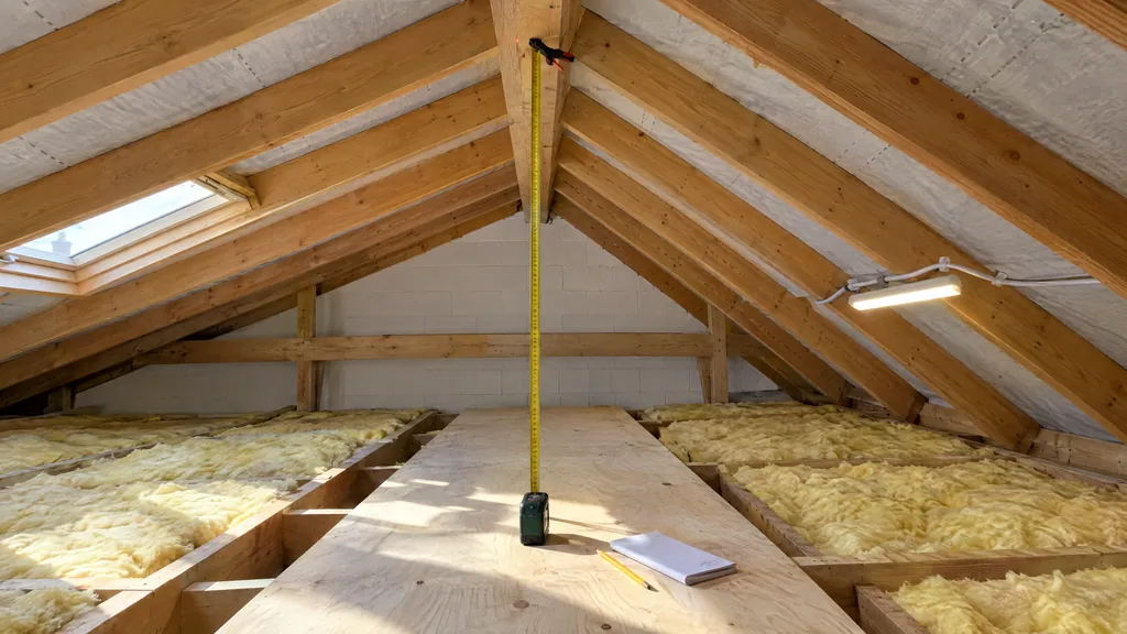 Measuring head height to check if an attic is suitable for conversion, with a tape measure running from a ceiling joist to the ridge board.