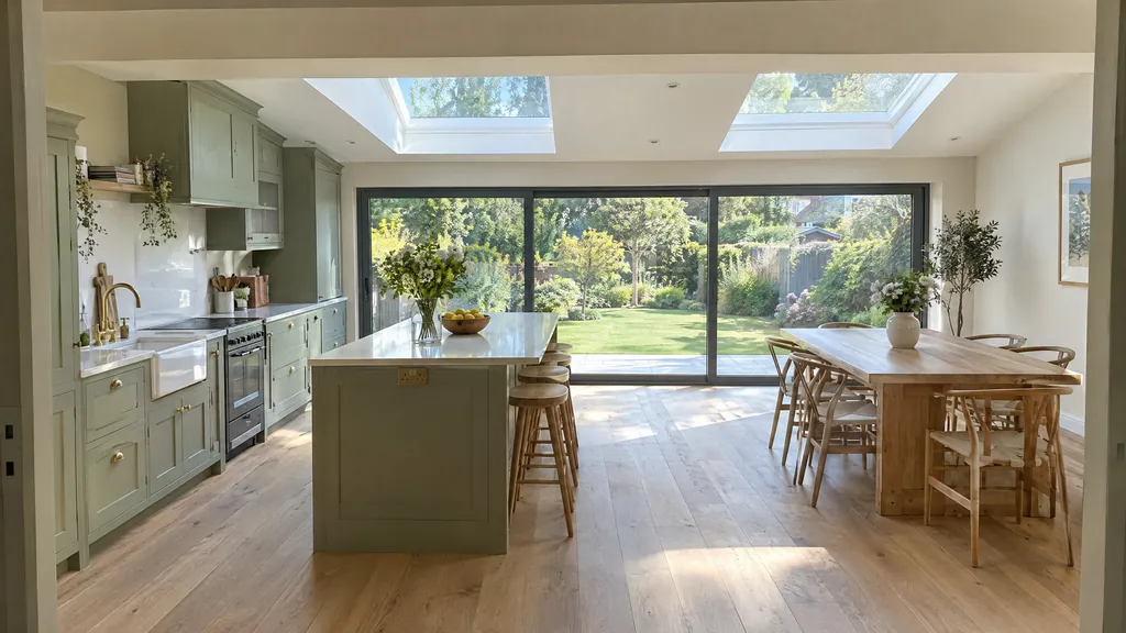 Full-width rear kitchen extension idea inside a 1930s semi in Terenure, with an island, dining table and sliding doors to the garden.