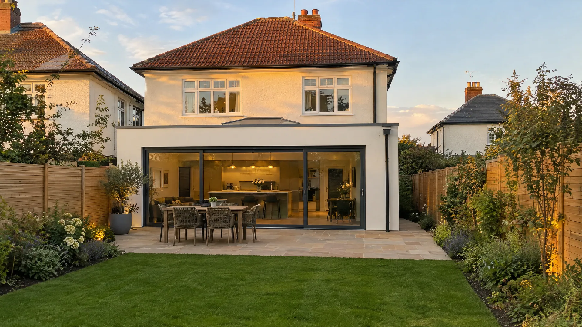 Kitchen extension idea on a 1930s semi in Dublin, a single-storey flat-roof rear extension with wide sliding doors to the garden.