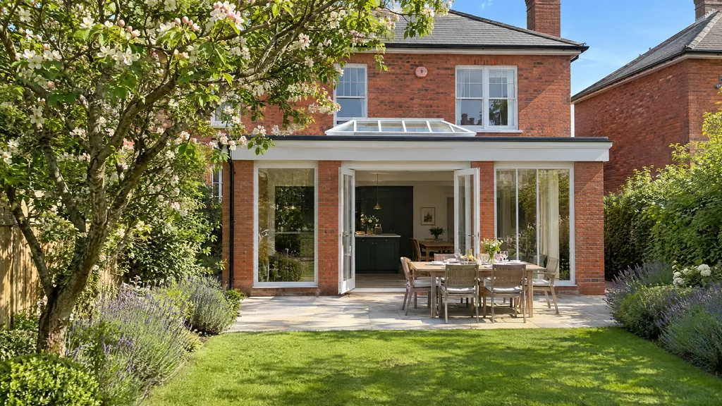 Orangery-style kitchen extension idea on an Edwardian redbrick house in Rathgar, with brick piers and a central roof lantern.