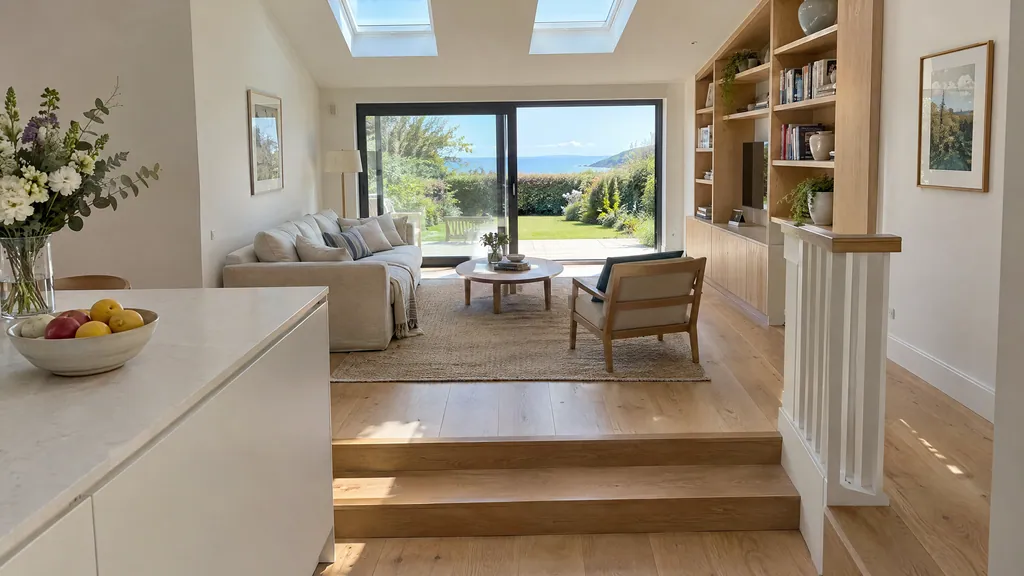 Kitchen extension idea with a step-down living area in a Dublin semi, with two steps from the kitchen to a sunken lounge.