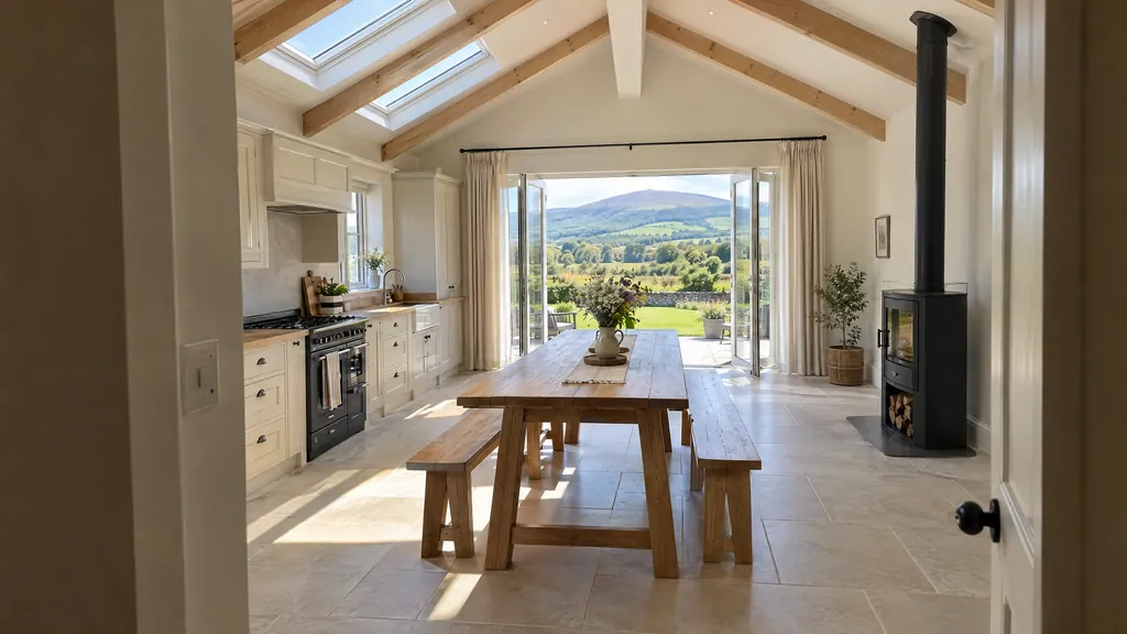 Vaulted kitchen extension idea inside a 1970s bungalow in Co Wicklow, with exposed timber rafters and two rooflights.
