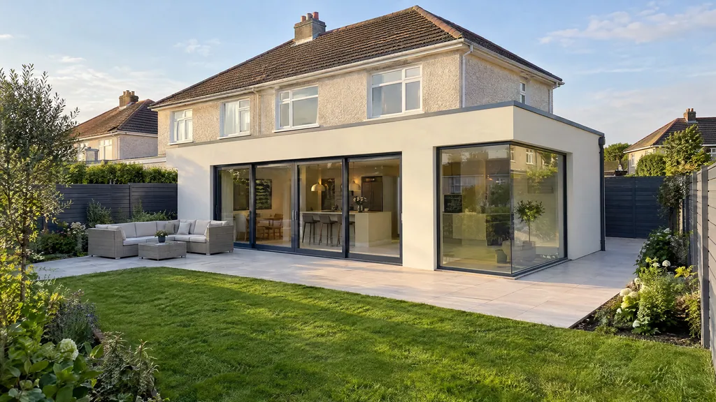 Wrap-around kitchen extension idea on a rendered 1950s semi in Dublin, with a flat roof and corner glazing to the garden.