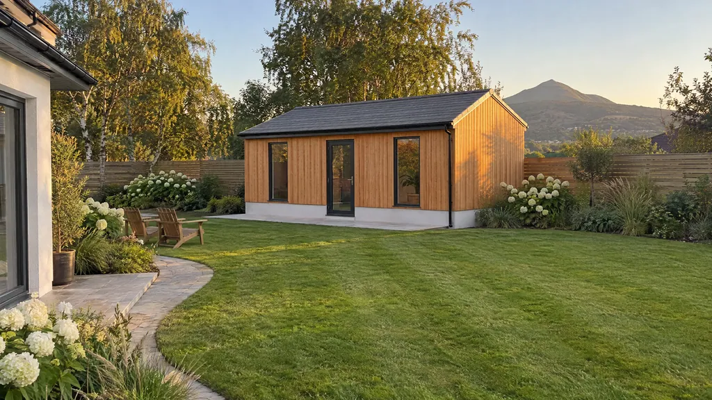 A detached single-storey garden unit in a Co Wicklow back garden, the type of factory-built home covered by Class 3A and often compared with modular extensions in Ireland.