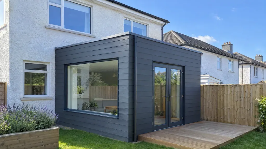 A dark-clad single-storey modular extension with a large picture window beside a pebble-dashed Irish semi, an example of modular extensions in Ireland.