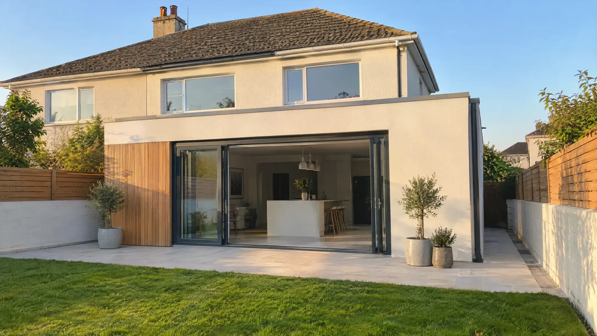 A rendered single-storey rear extension with wide sliding doors on an Irish semi at sunset, the kind of room people weigh up modular extensions in Ireland for.