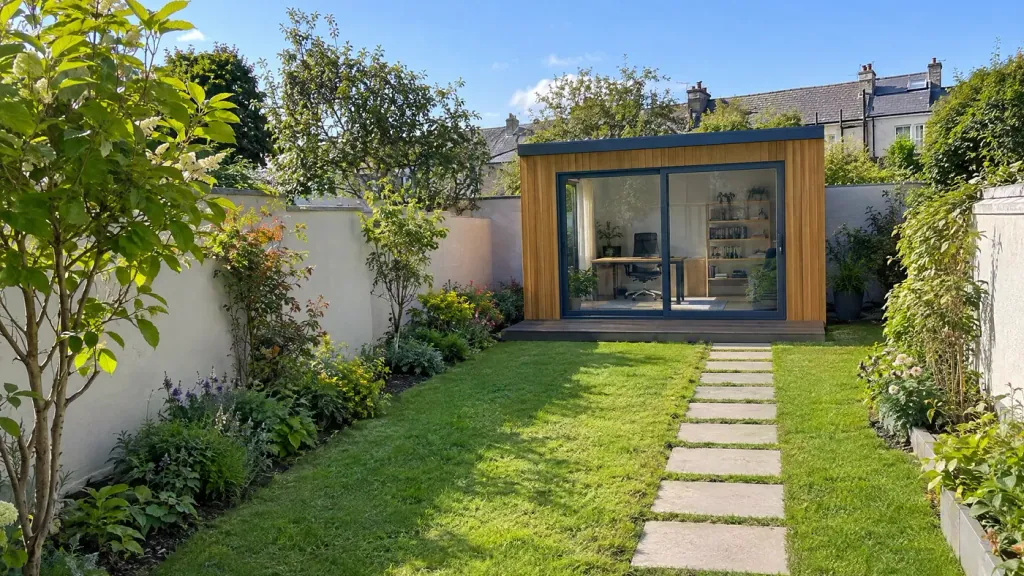 A timber-clad modular garden office at the end of a long Irish back garden, exempt up to 30 m² under Class 3 rules for modular extensions in Ireland.