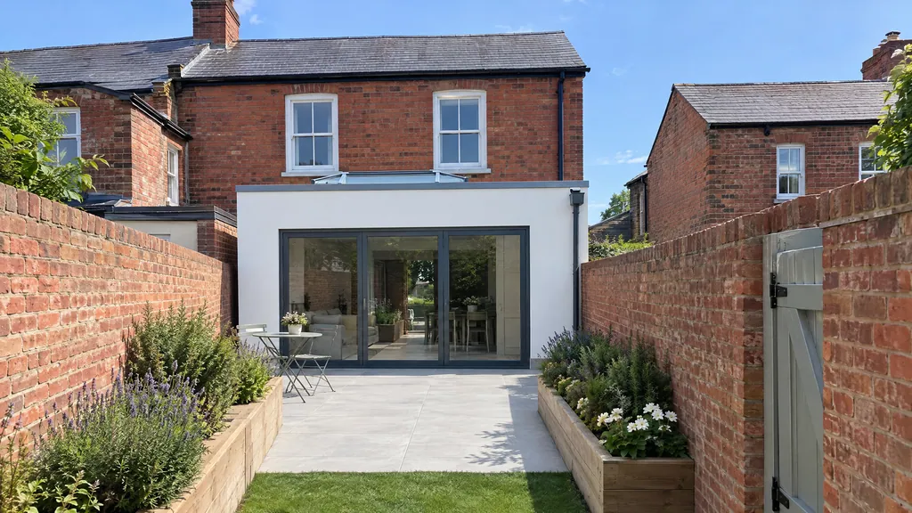 A finished single-storey rear extension on a red-brick Dublin terrace with a back lane, the kind of site where access decides between modular extensions and block.
