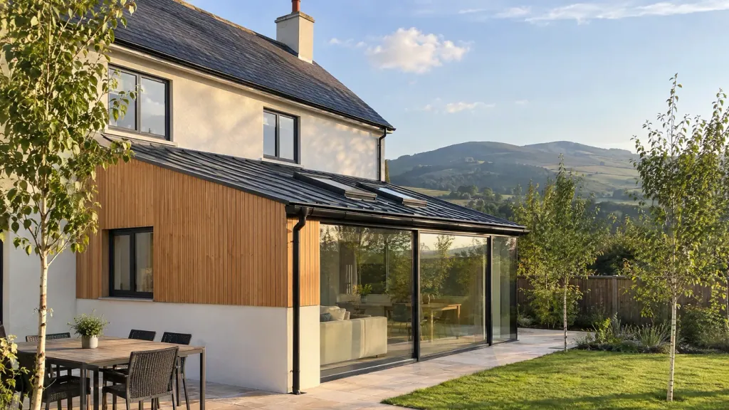 A larch-clad timber frame extension with a glazed garden room on a rural Irish house, an alternative to modular extensions.