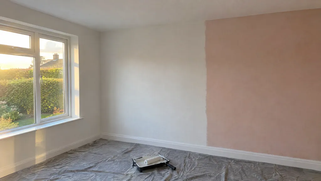 Mist coat of white emulsion being rolled over new skim plaster in a bright bedroom of a Wicklow bungalow.