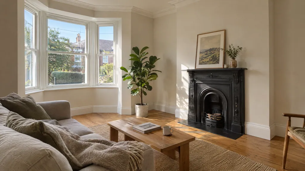 Living room in a 1930s Terenure semi with smooth skim plastered walls and ceiling, freshly painted in warm off-white.