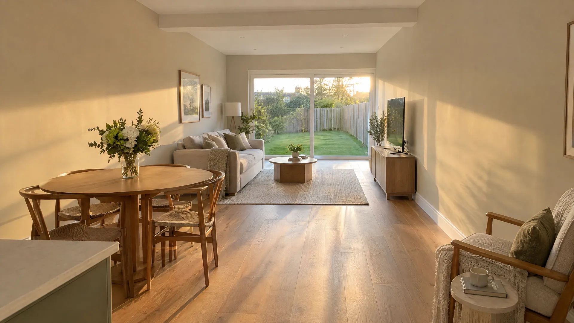 Bright open-plan living room in a Dublin semi with smooth skim plastered walls and ceiling, freshly painted after skim plastering.