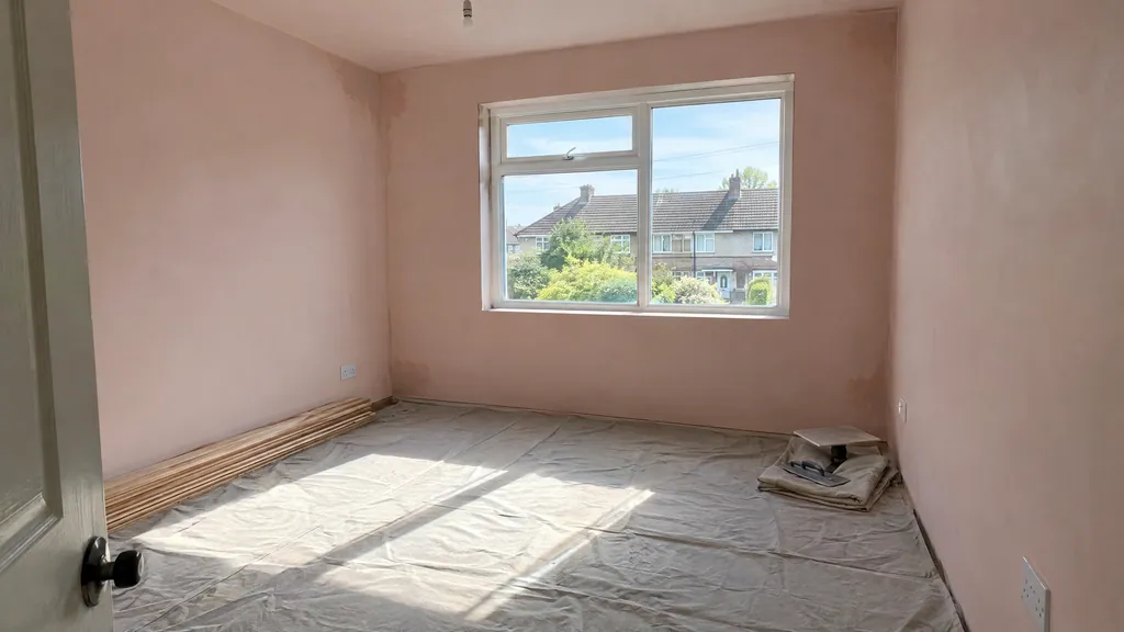 Freshly skim plastered walls drying to an even light pink in an empty bedroom of a Dublin semi.