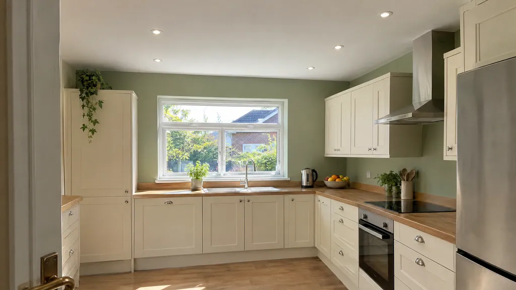 Smooth skim plastered ceiling with recessed lights in a bright kitchen of a 1980s Dublin semi, after the old artex was skimmed flat.