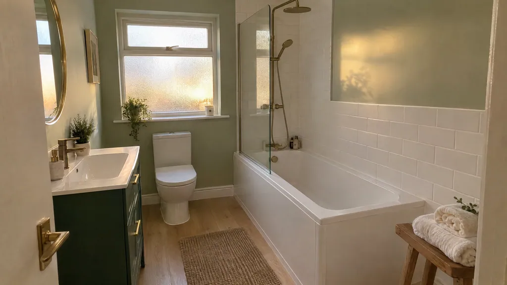 Small bathroom colour idea with pale green walls, white ceiling and a deep green vanity in an Irish bungalow.