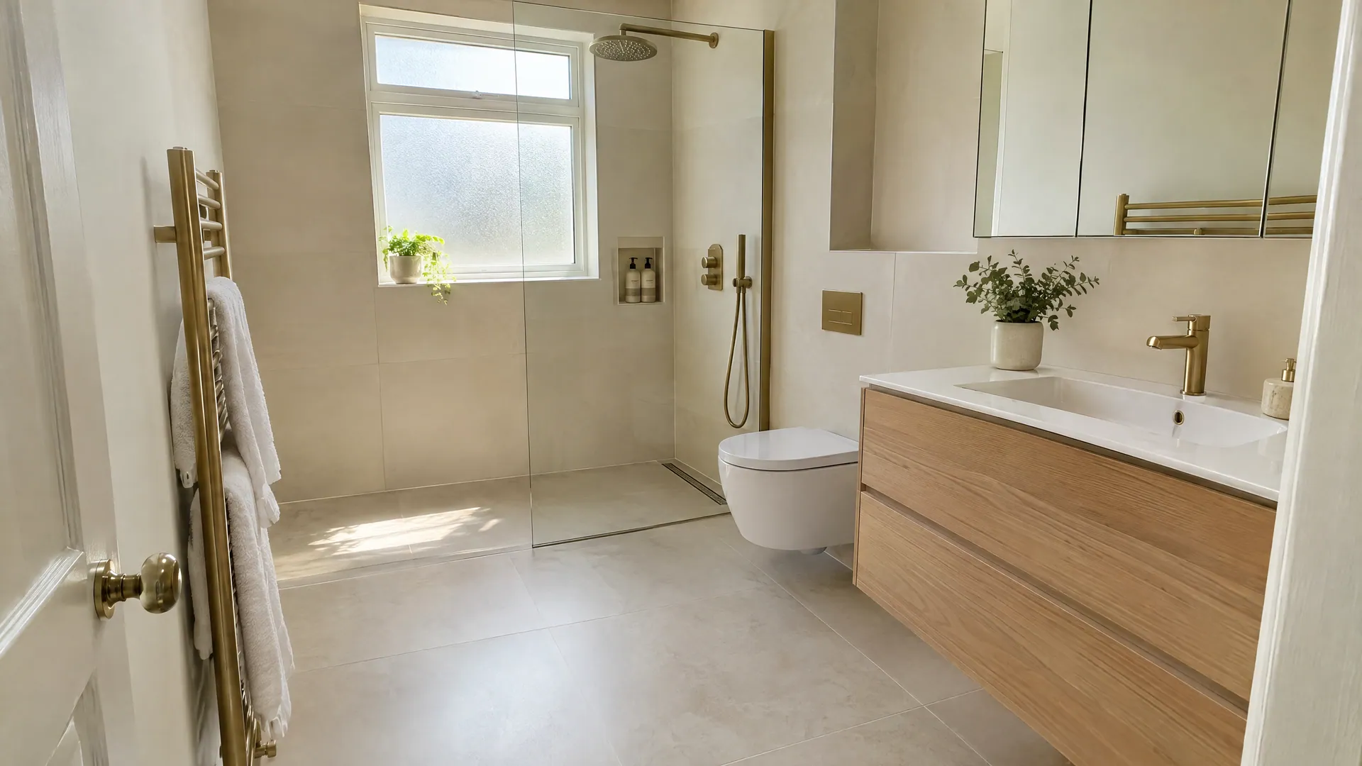 Small bathroom ideas in an Irish home, with a walk-in shower, wall-hung toilet, floating vanity and large pale tiles.