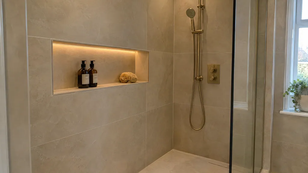 Recessed tiled shower niche in a small bathroom in a Dublin semi-detached house.