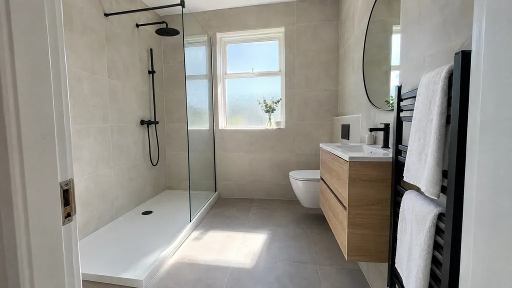 Small bathroom idea with a walk-in shower and one fixed glass panel in a Dublin semi-detached house.