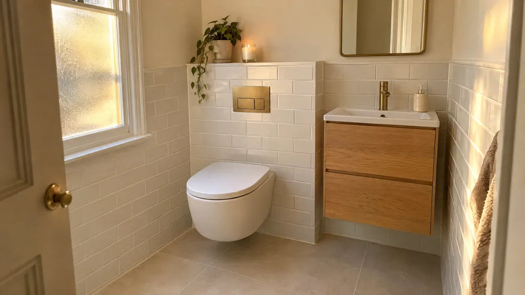 Small bathroom with a wall-hung toilet, boxed-in cistern shelf and floating vanity unit in an Irish terraced house.