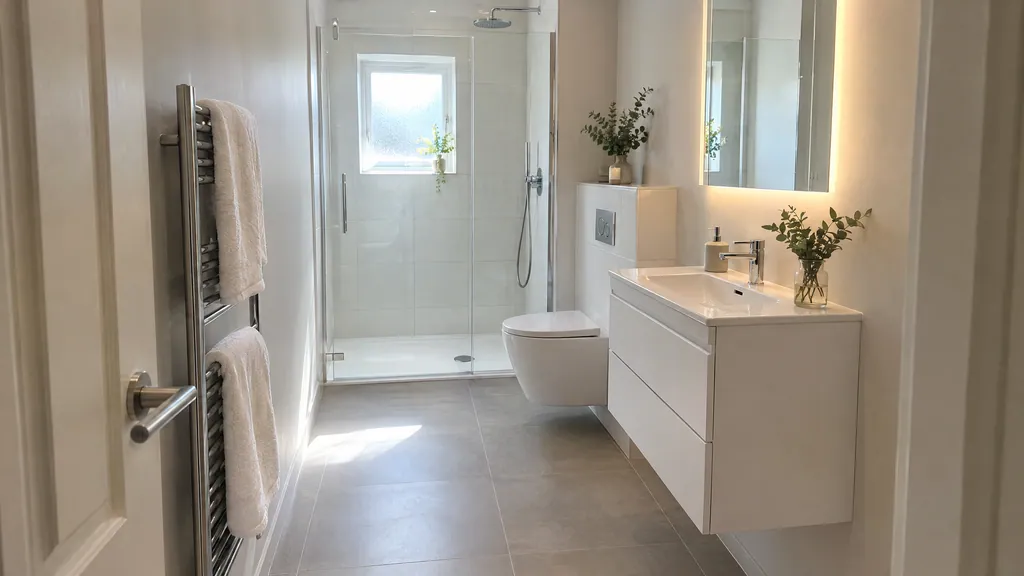 Small ensuite bathroom idea with a shower, toilet and basin in a straight line in an Irish semi-detached house.