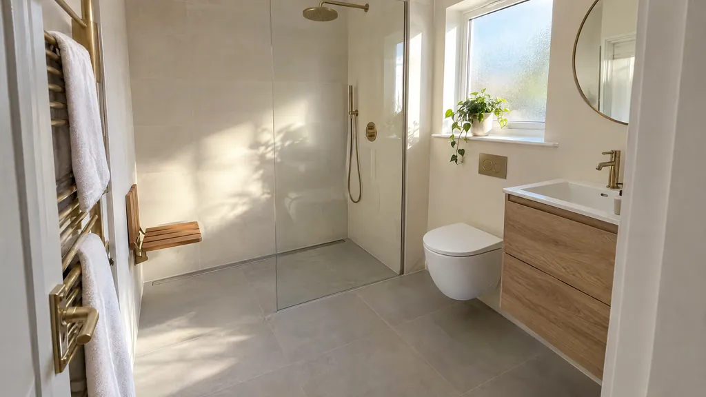 Small wet room bathroom with a level tiled floor, linear drain and fixed glass panel in an Irish home.