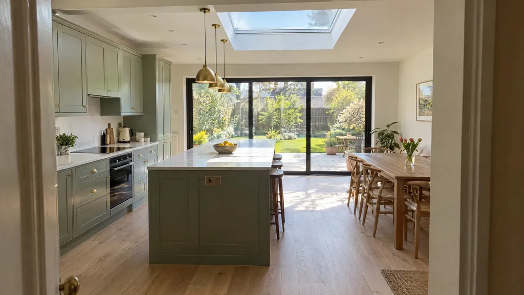 Inside a warm, well-insulated block extension kitchen in Dublin with a rooflight and sliding doors, an example of a timber frame vs block extension result.