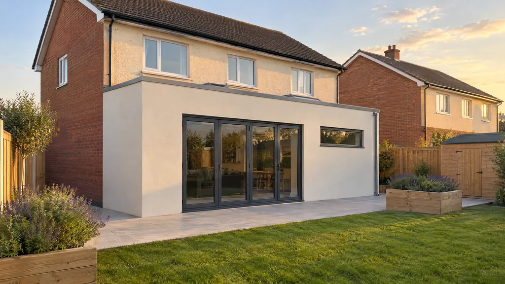 A freshly rendered block extension on a 1990s red-brick semi in Lucan at golden hour, showing how a block extension ties into the existing house.