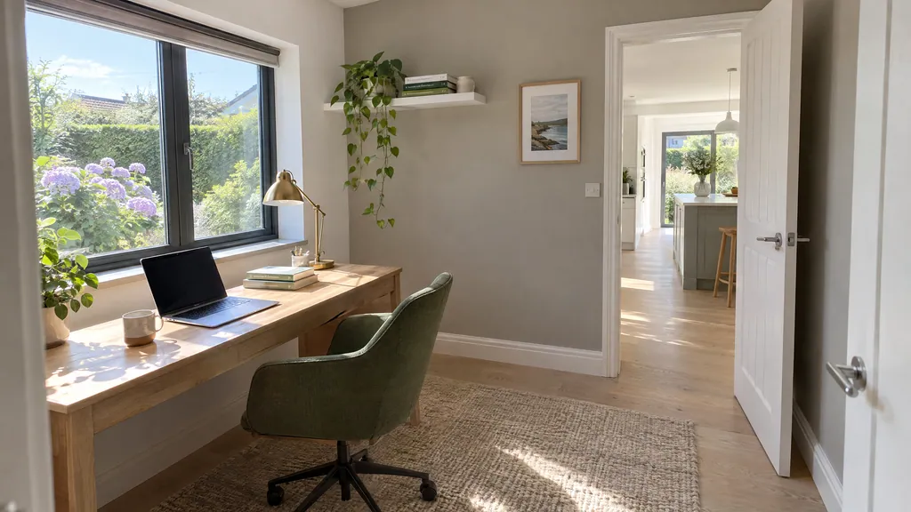 A calm home office in a single-storey extension in Dun Laoghaire, where timber frame vs block extension choice affects sound between rooms.