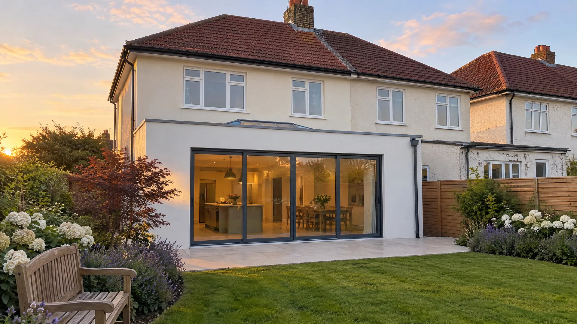 Timber frame vs block extension: a freshly rendered single-storey rear extension on a 1930s semi in Mount Merrion, Dublin, at sunset.