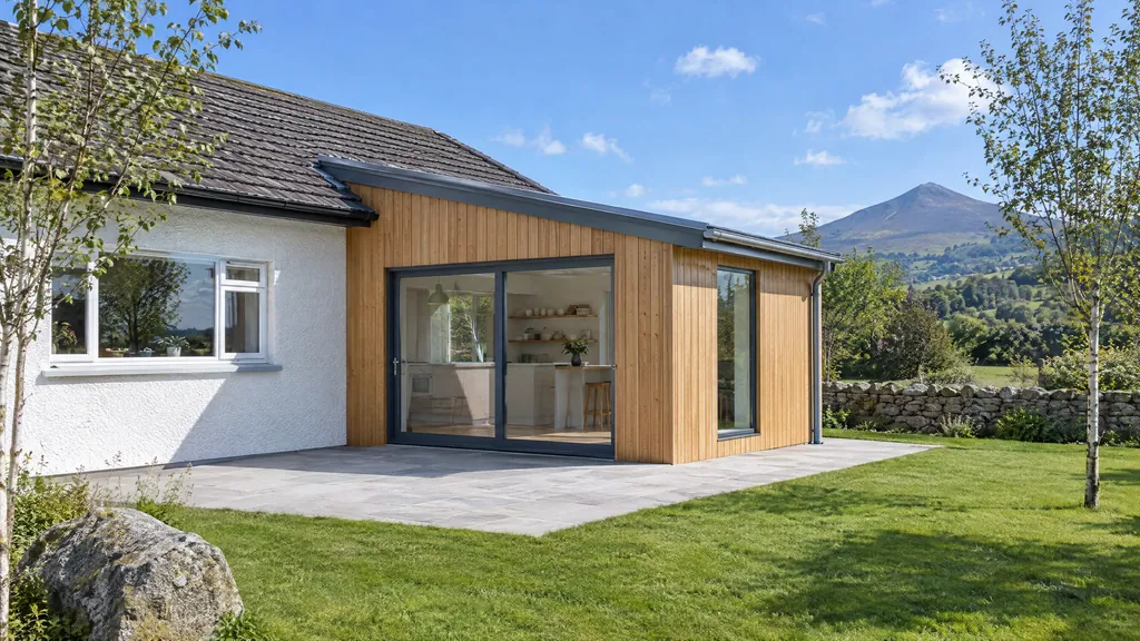 Timber frame vs block extension: a larch-clad single-storey extension on a 1970s bungalow in Co Wicklow on a sunny afternoon.