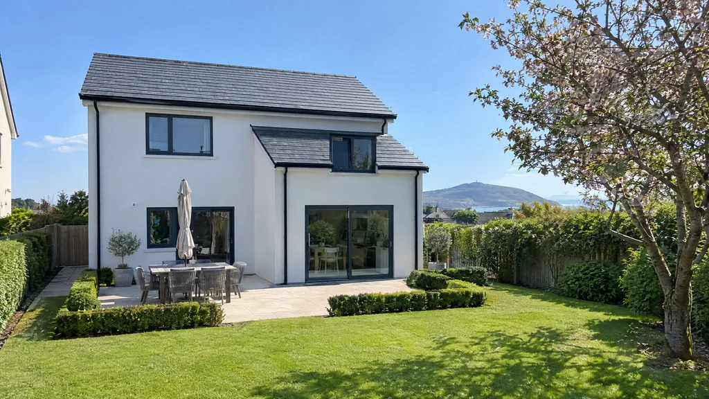 A two-storey rear block extension on a detached house in Greystones, Co Wicklow, finished in white render, a typical timber frame vs block extension choice.