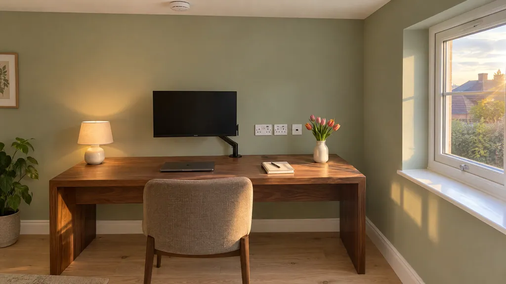 A desk wall with double sockets, USB ports and a network data point in a garage turned into an office in a Terenure semi.