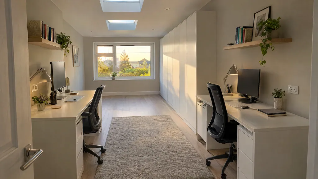Two desks on opposite walls in a garage turned into an office in a Wicklow bungalow, with a rooflight and storage at the back.