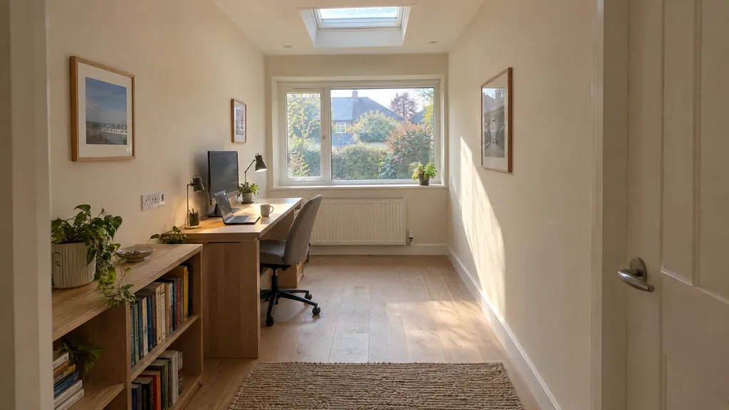 A bright, finished home office after turning a garage into an office in a Dublin semi, with a desk beside the new front window.