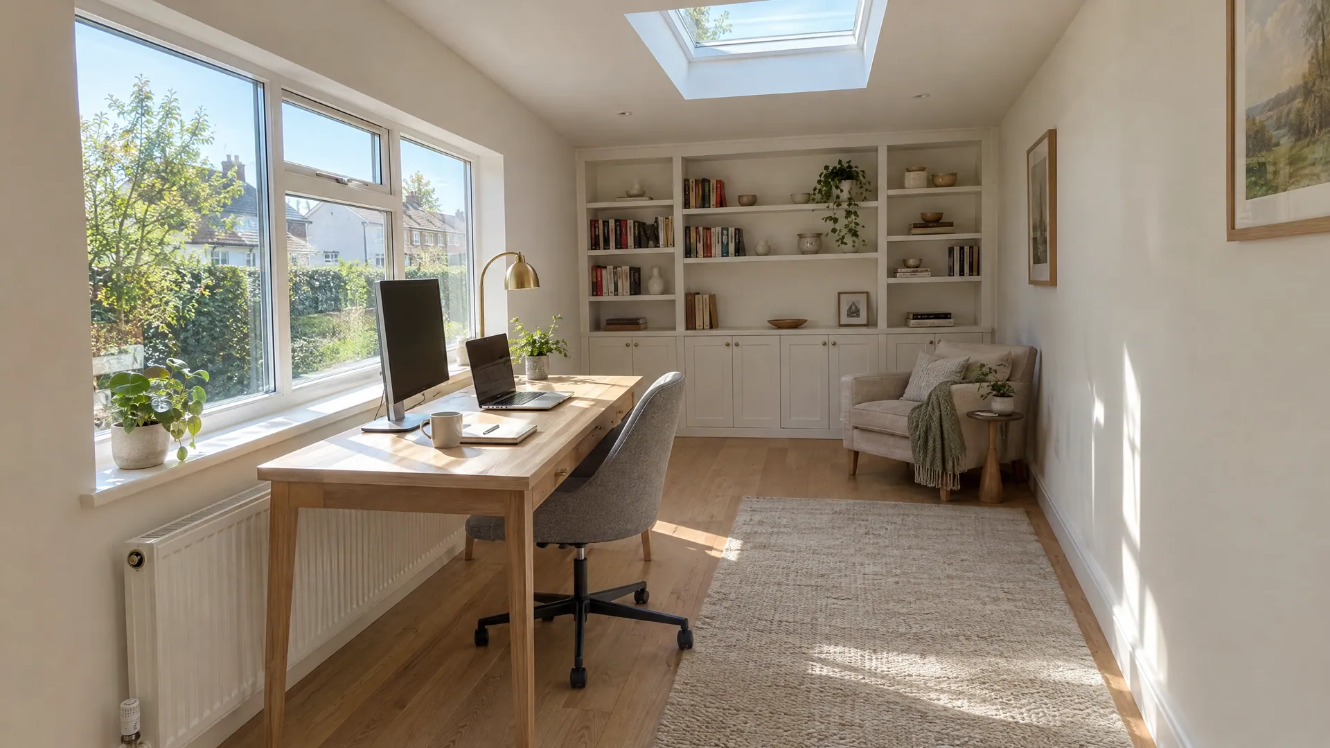 A bright home office in a converted Dublin garage, showing how to turn a garage into an office with a new front window and rooflight.
