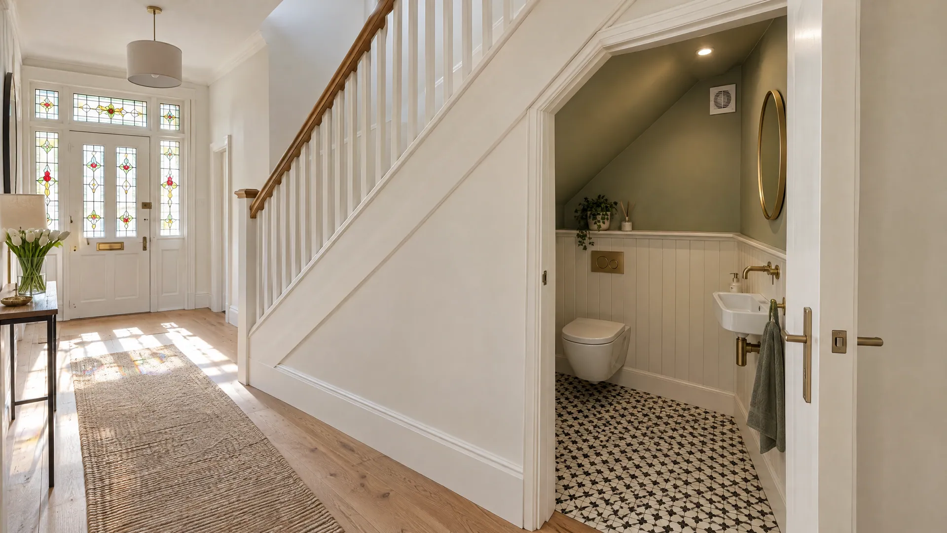 A modern under-stairs toilet in an Irish semi-detached house, with a wall-hung toilet under the sloping ceiling and a small basin by the door.