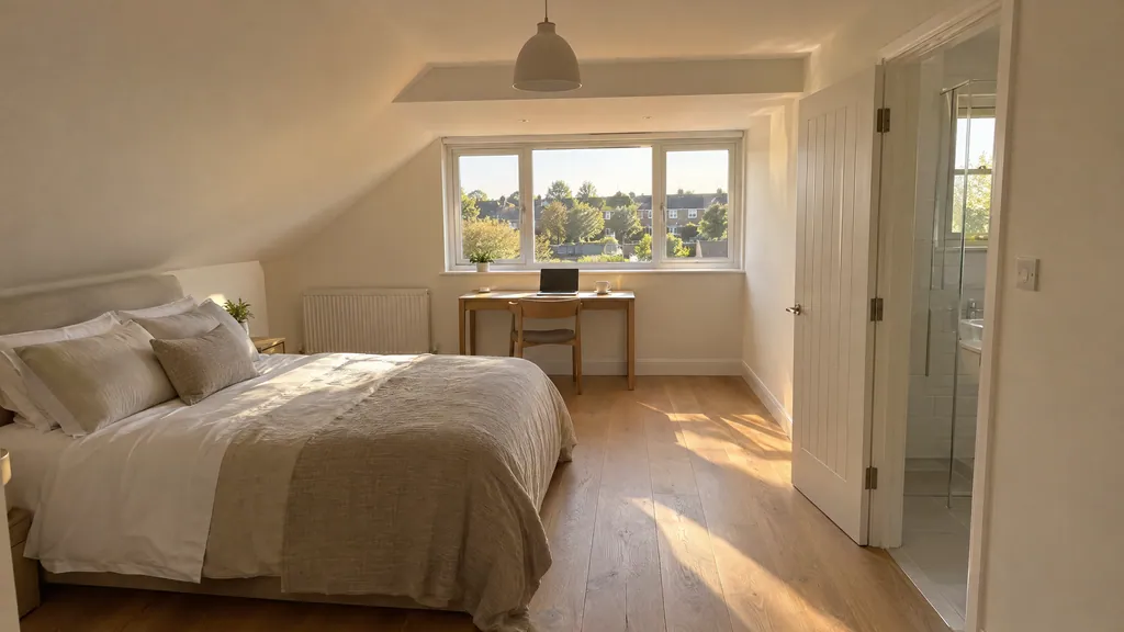 Dormer attic conversion interior in a Dublin semi: a bedroom with full head height under the rear dormer and a wide upright window.