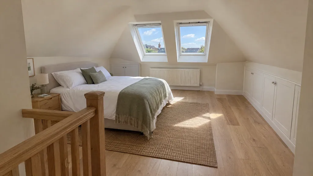 Velux vs dormer attic conversion: a bright rooflight attic bedroom in a Dublin semi with two roof windows over the bed.