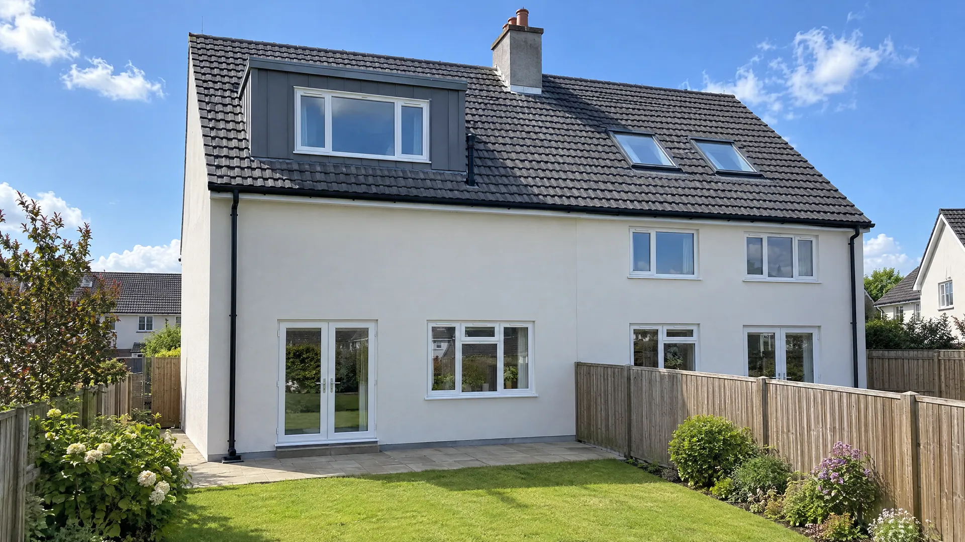 Velux vs dormer attic conversion: two neighbouring Dublin semis, one with a rear dormer and one with rooflights in the rear roof.