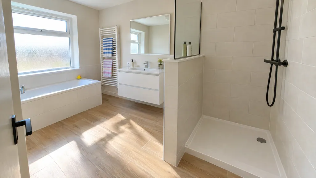 Walk-in shower idea with a half-height tiled wall and glass panel above in a family bathroom in a Lucan semi-detached house.