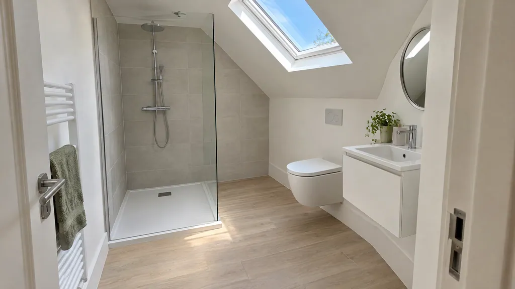 Attic ensuite walk-in shower under a sloping ceiling with a rooflight in a converted attic in a Dublin semi-detached house.