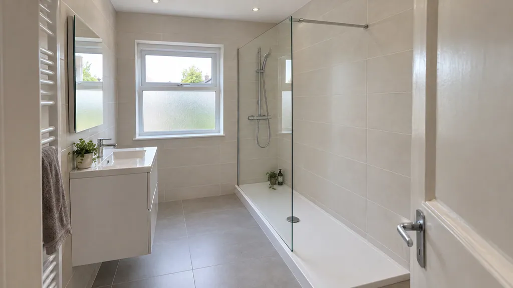 Walk-in shower idea where the bath was replaced with a long low tray and one fixed glass panel in a Dublin semi-detached house.