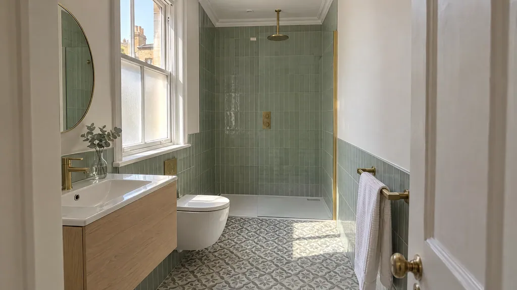 Full-width walk-in shower across the end wall of a narrow bathroom in a Victorian terraced house in Dublin.