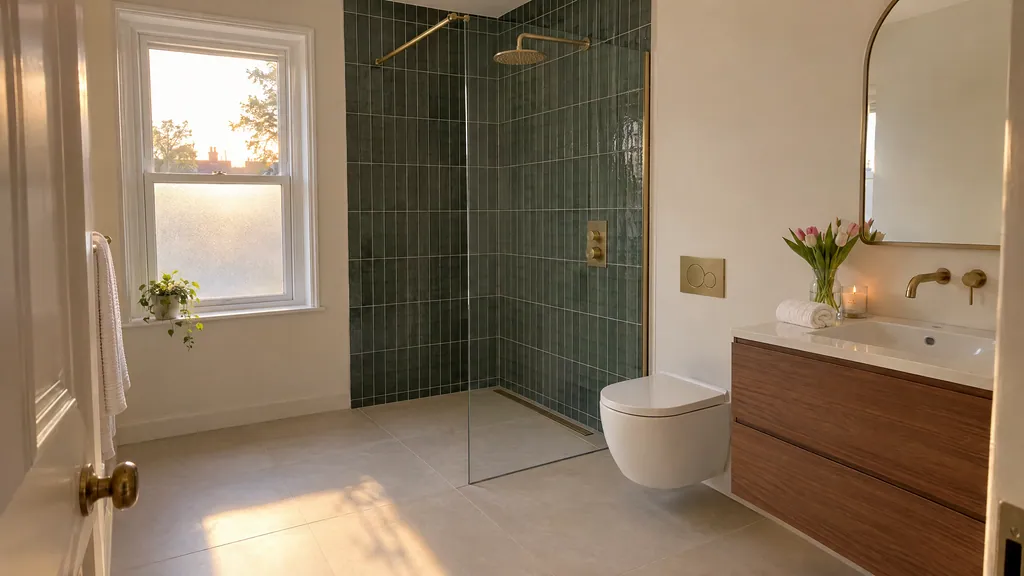 Walk-in shower idea with deep green tiles floor to ceiling and a clear glass panel in a renovated Irish family bathroom.