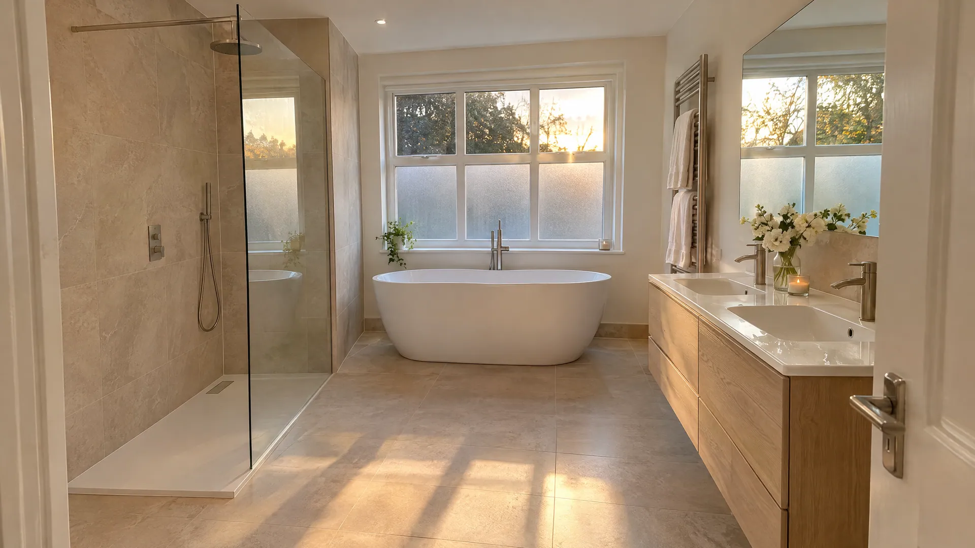 Walk-in shower ideas: a bright Irish family bathroom with a low-profile tray, frameless glass panel and floor-to-ceiling porcelain tiles.