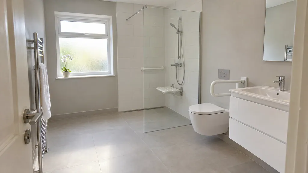 Level-access walk-in shower with a linear drain, fold-down seat and grab rail in a Wicklow bungalow bathroom.