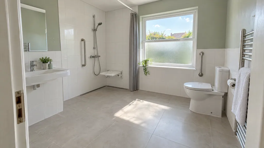 Accessible wet room for an older parent in an Irish bungalow, with a level floor, fold-down shower seat and grab rails.